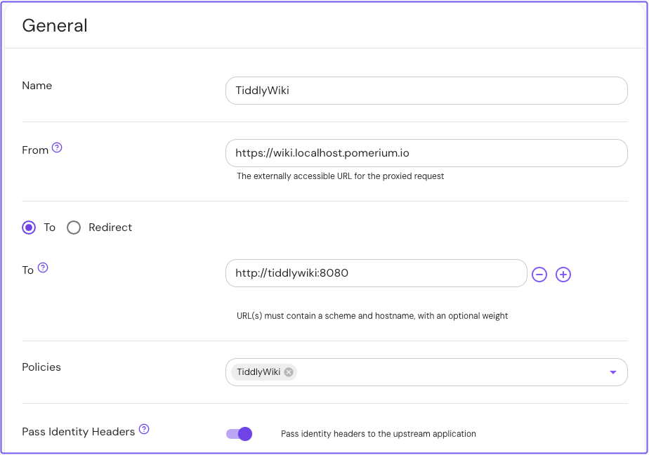 Adding the TiddlyWiki route and attaching its policy in the Enterprise Console